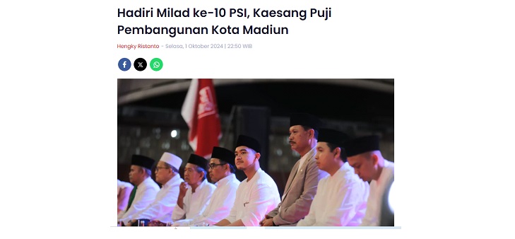 Hadiri Milad ke-10 PSI, Kaesang Puji Pembangunan Kota Madiun