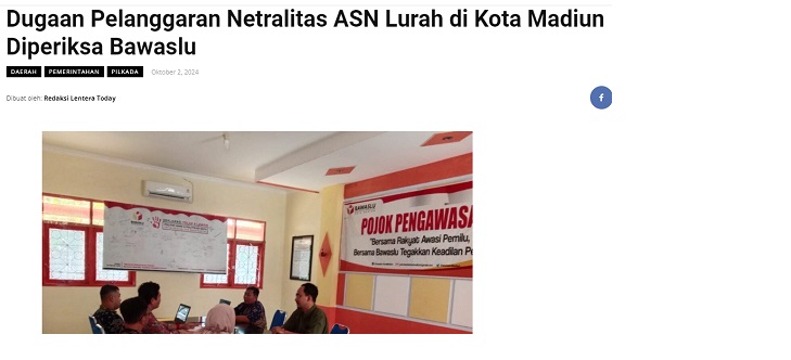 Dugaan Pelanggaran Netralitas ASN Lurah di Kota Madiun Diperiksa Bawaslu