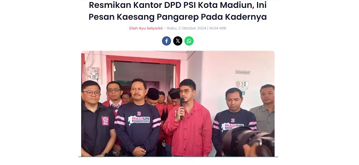 Resmikan Kantor DPD PSI Kota Madiun, Ini Pesan Kaesang Pangarep Pada Kadernya