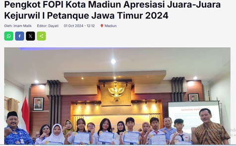 Pengkot FOPI Kota Madiun Apresiasi Juara-Juara Kejurwil I Petanque Jawa Timur 2024
