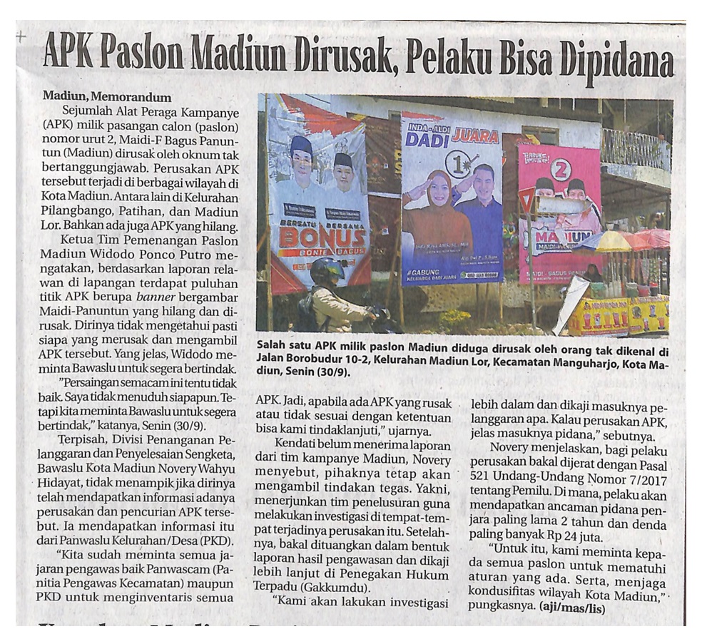 APK Paslon Madiun Dirusak, Pelaku Bisa Dipidana