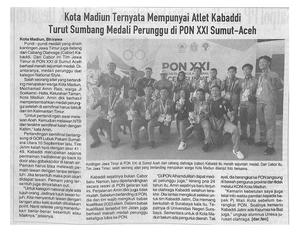 Kota Madiun Ternyata Mempunyai Atlet Kabaddi Turut Sumbang Medali Perunggu di PON XXI Sumut-Aceh