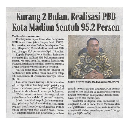 Kurang 2 Bulan, Realisasi PBB Kota Madiun Sentuh 95,2 Persen