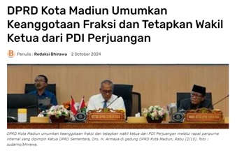 DPRD Kota Madiun Umumkan Keanggotaan Fraksi dan Tetapkan Wakil Ketua dari PDI Perjuangan