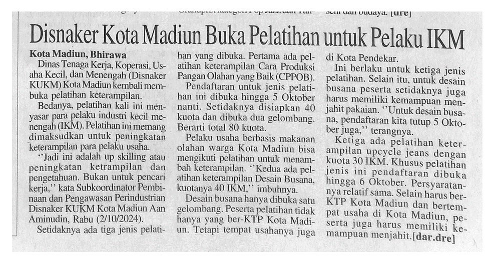 Disnaker Kota Madiun Buka Pelatihan Untuk Pelaku IKM