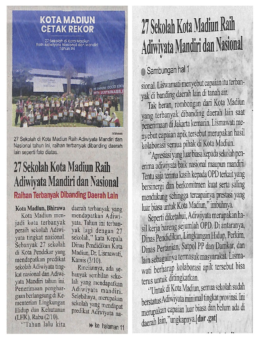 27 Sekolah Kota Madiun Raih Adiwiyata Mandiri dan Nasional