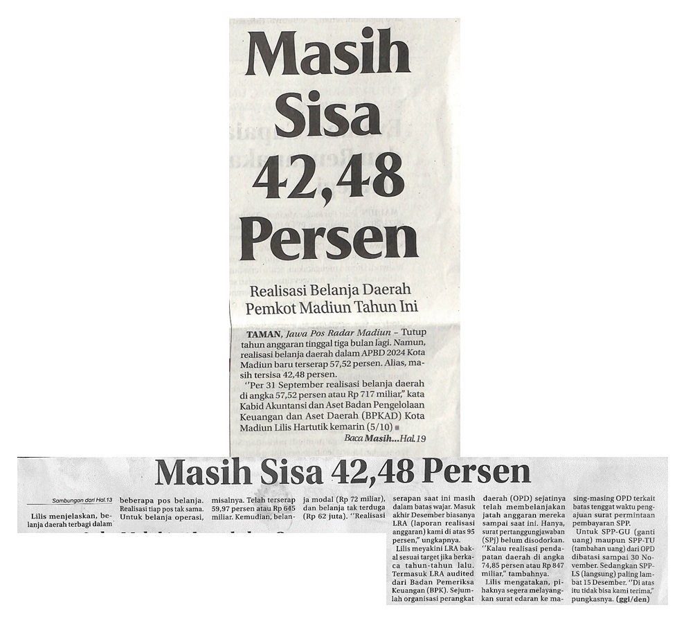 Masih Sisa 42,48 Persen, Realisasi Belanja Daerah Pemkot Madiun Tahun ini