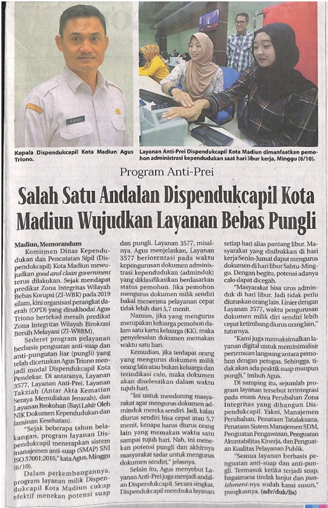 Salah Satu Andalan Dispendukcapil Kota Madiun Wujudkan Layanan Bebas Pungli