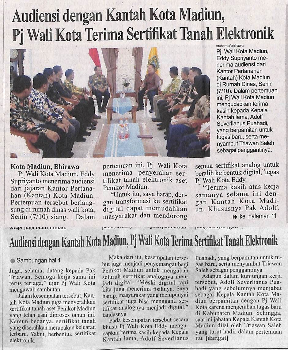 Audiensi dengan Kantah Kota Madiun, Pj Wali Kota Terima Sertifikat Tanah Elektronik