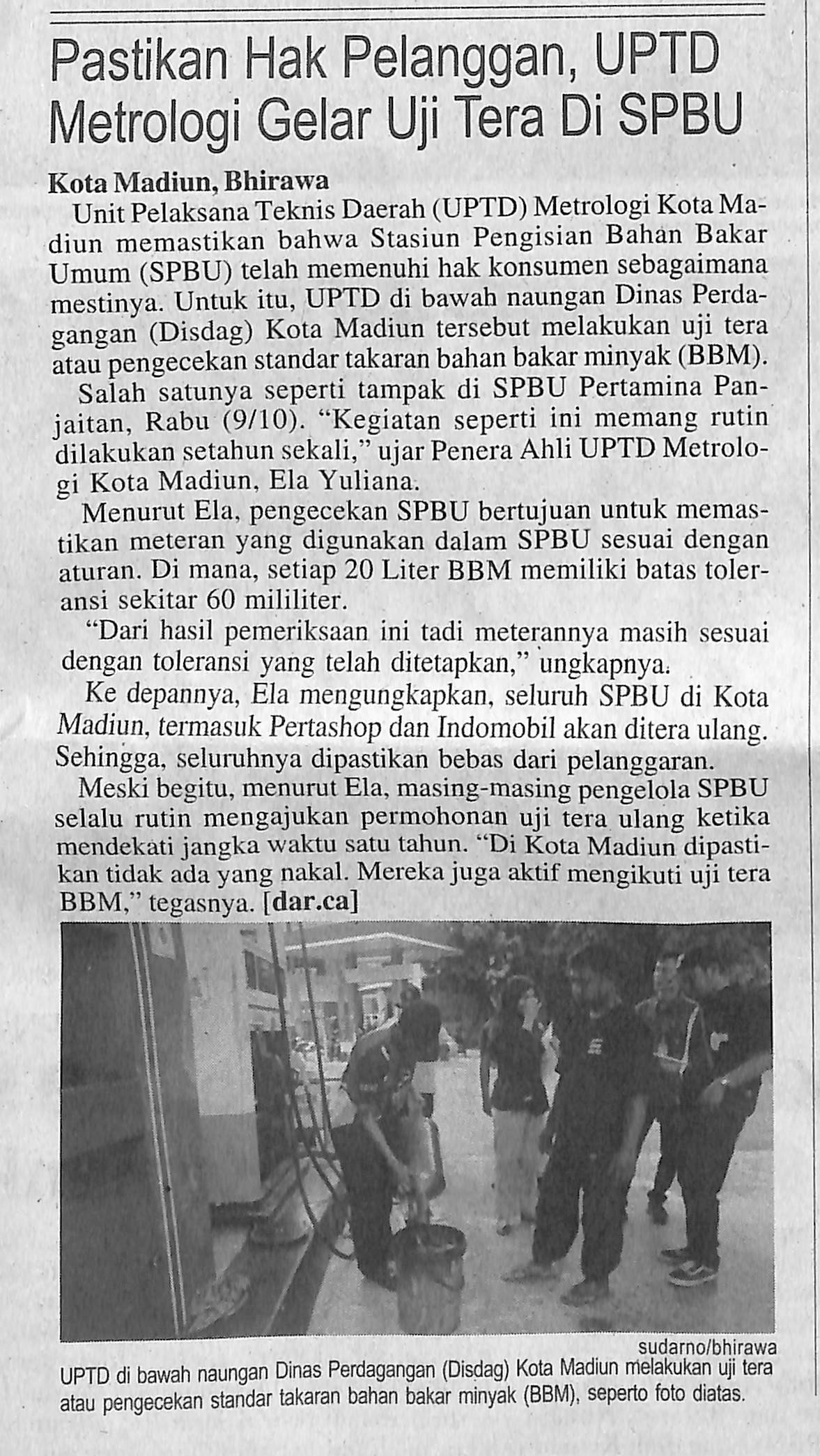 Pastikan Hak Pelanggan, UPTD Metrologi Gelar Uji Tera Di SPBU