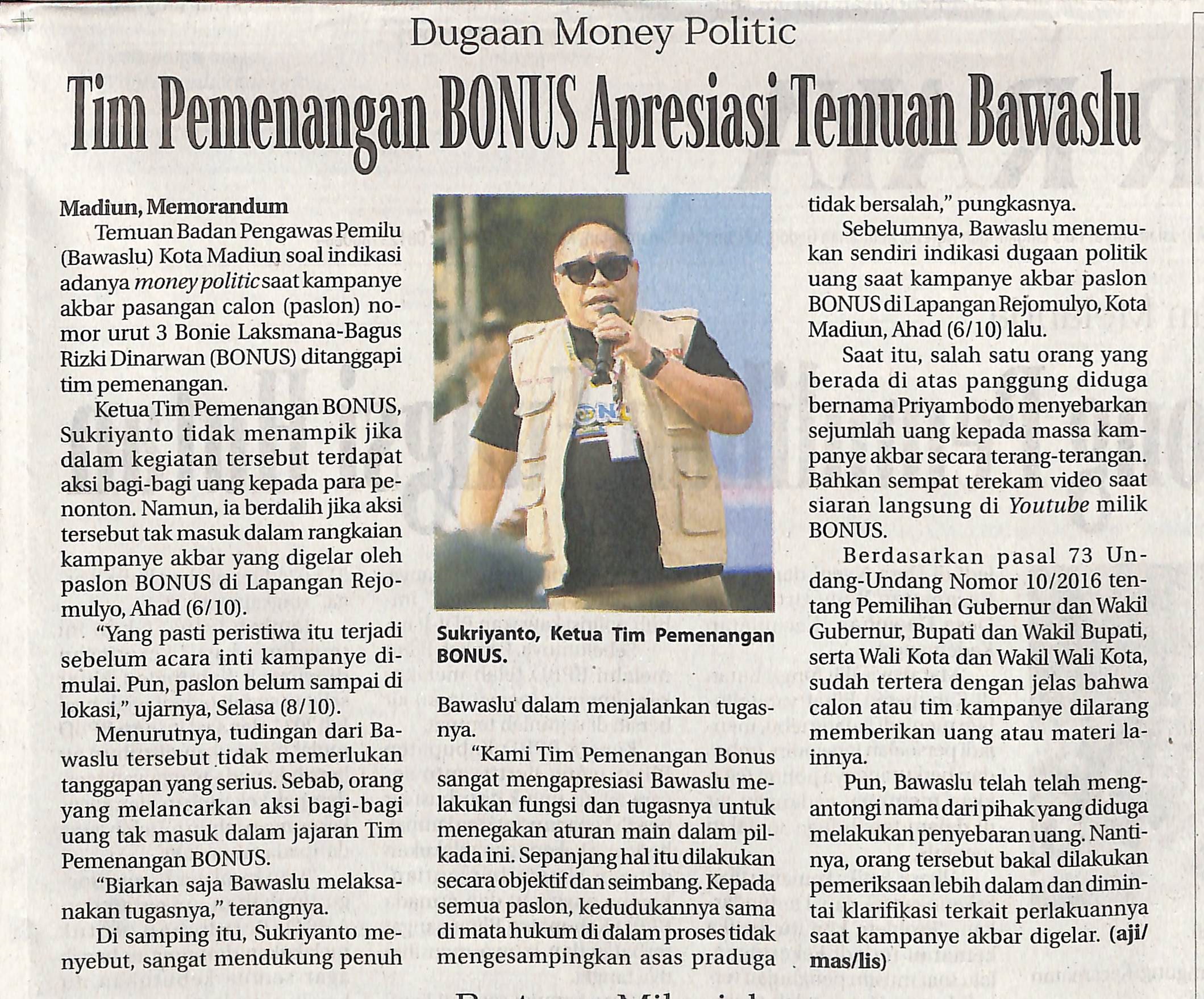 Tim Pemenangan BONUS Apresiasi Temuan Bawaslu