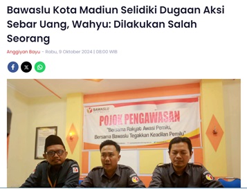 Bawaslu Kota Madiun Selidiki Dugaan Aksi Sebar Uang, Wahyu: Dilakukan Salah Seorang