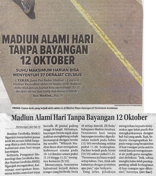 Madiun Alami Hari Tanpa Bayangan 12 Oktober, Suhu Maksimum Harian Bisa Menyentuh 37 Derajat Celsius