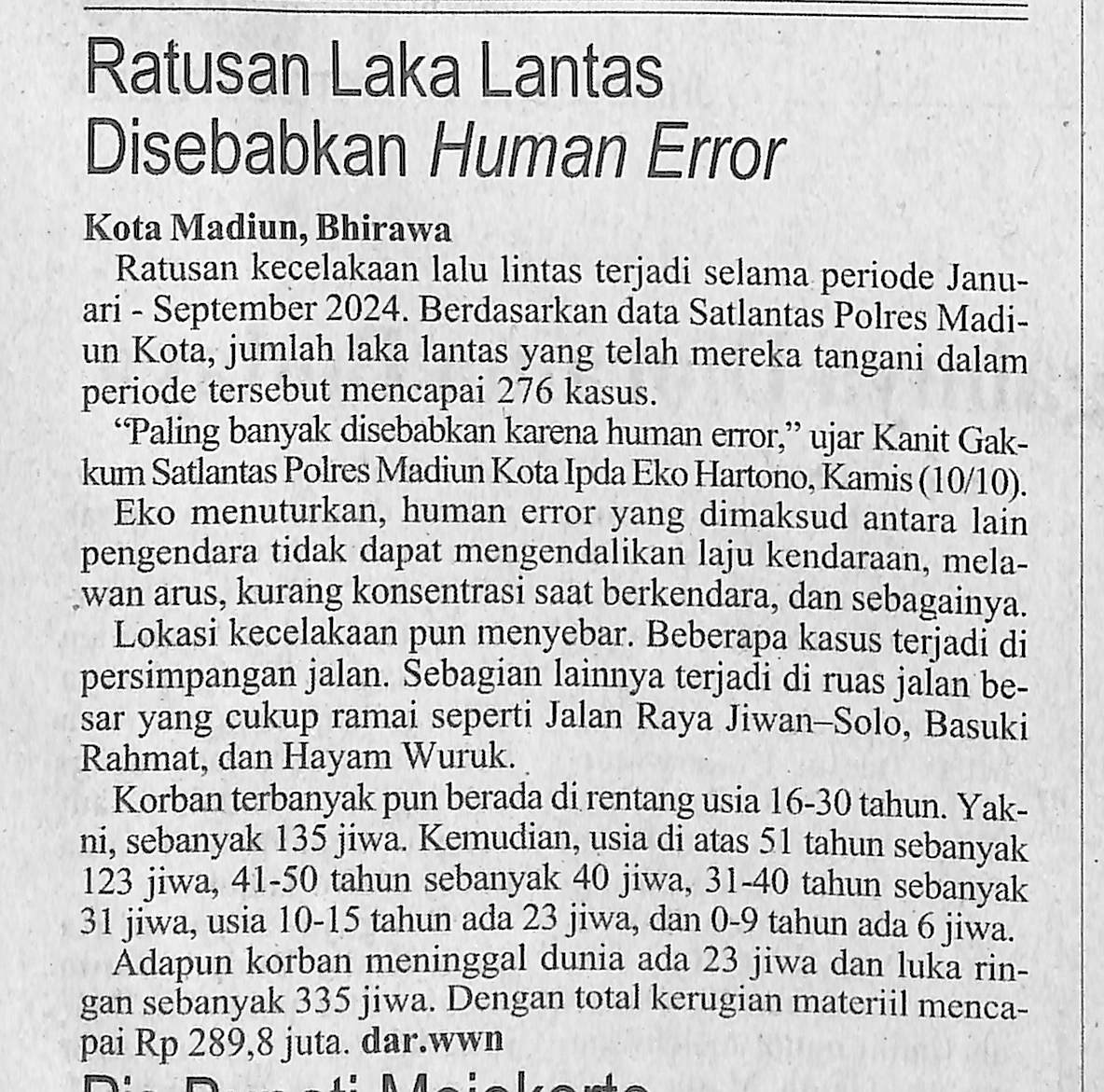 Ratusan Laka Lantas Disebabkan Human Error