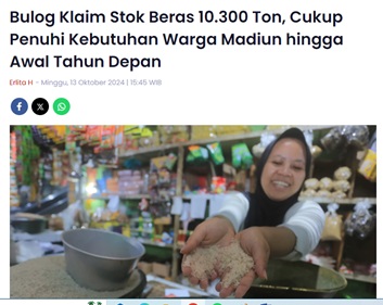 Bulog Klaim Stok Beras 10.300 Ton, Cukup Penuhi Kebutuhan Warga Madiun hingga Awal Tahun Depan