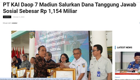 PT KAI Daop 7 Madiun Salurkan Dana Tanggung Jawab Sosial Sebesar Rp 1,154 Miliar