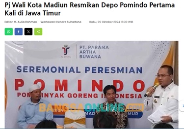 Pj Wali Kota Madiun Resmikan Depo Pomindo Pertama Kali di Jawa Timur
