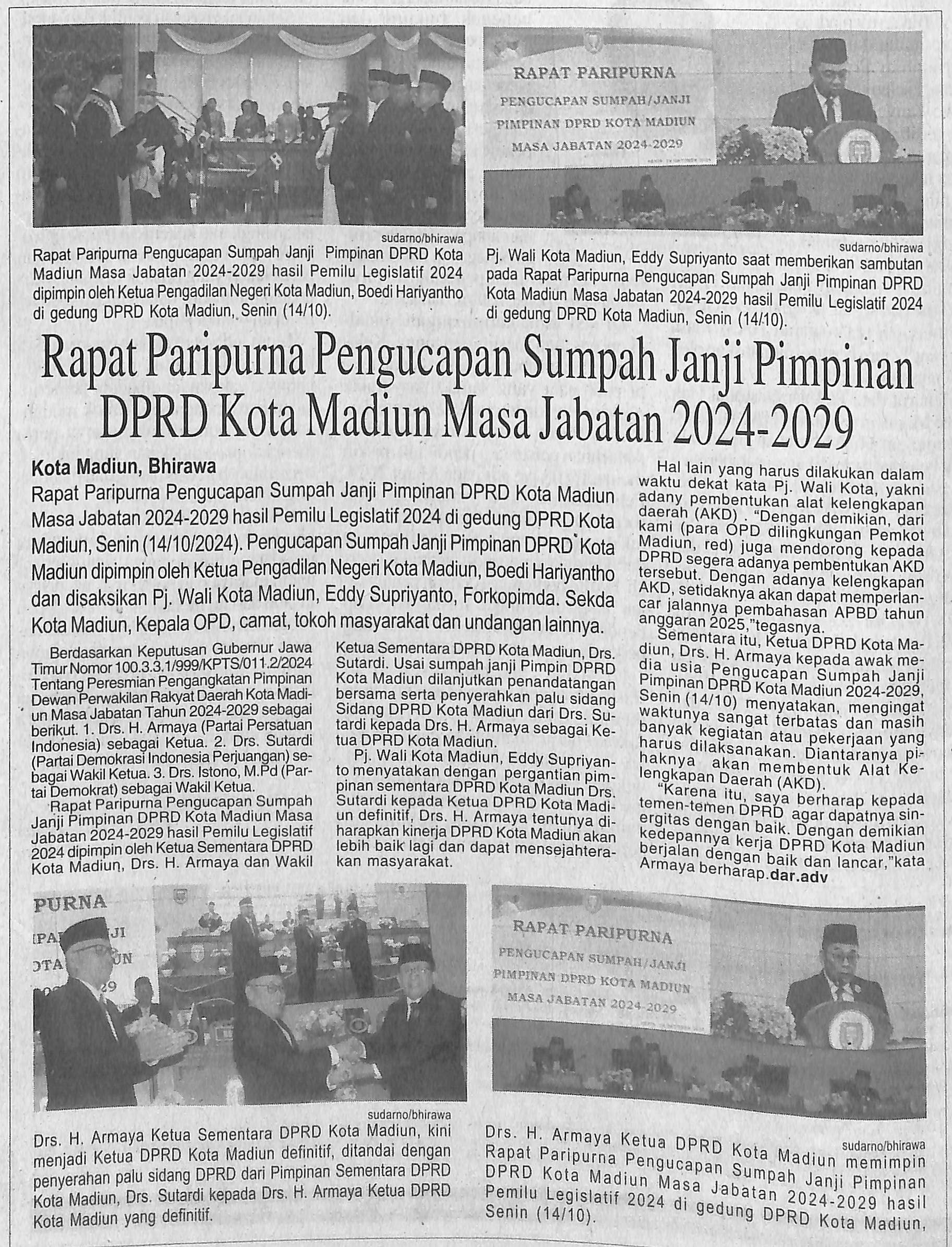Rapat Paripurna Pengucapan Sumpah Janji Pimpinan DPRD Kota Madiun Masa Jabatan 2024-2029