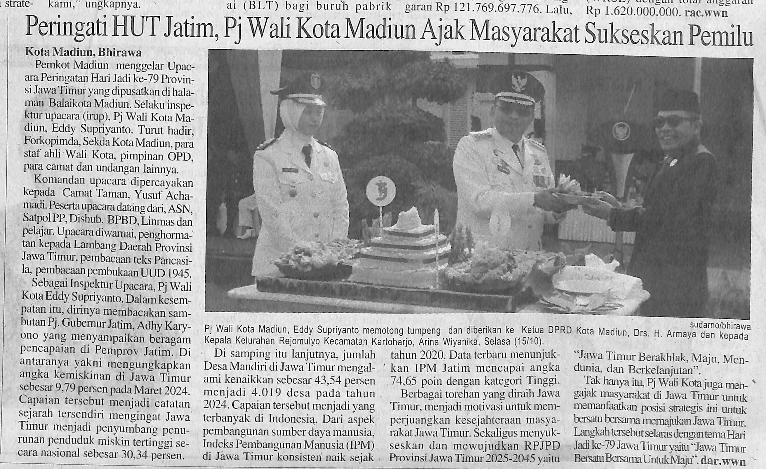 Peringati HUT Jatim, Pj Wali Kota Madiun Ajak Masyarakat Sukseskan Pemilu