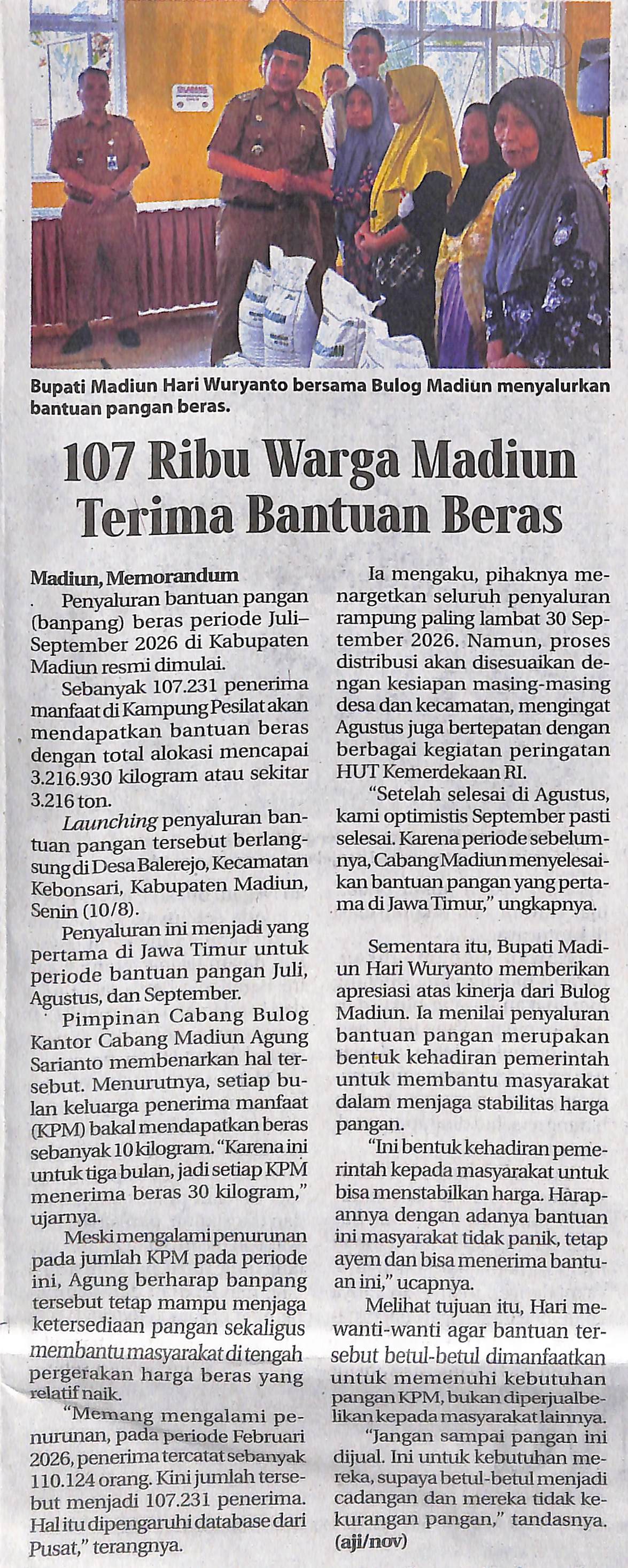 107 Ribu Warga Madiun Terima Bantuan Beras