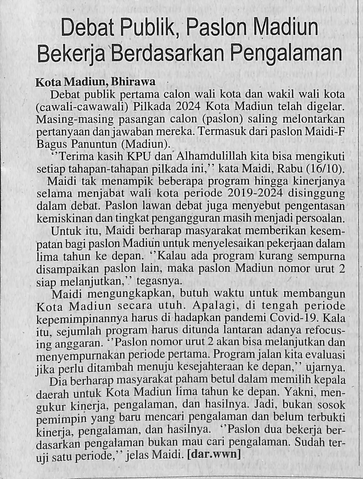Debat Publik, Paslon Madiun Bekerja Berdasarkan Pengalaman