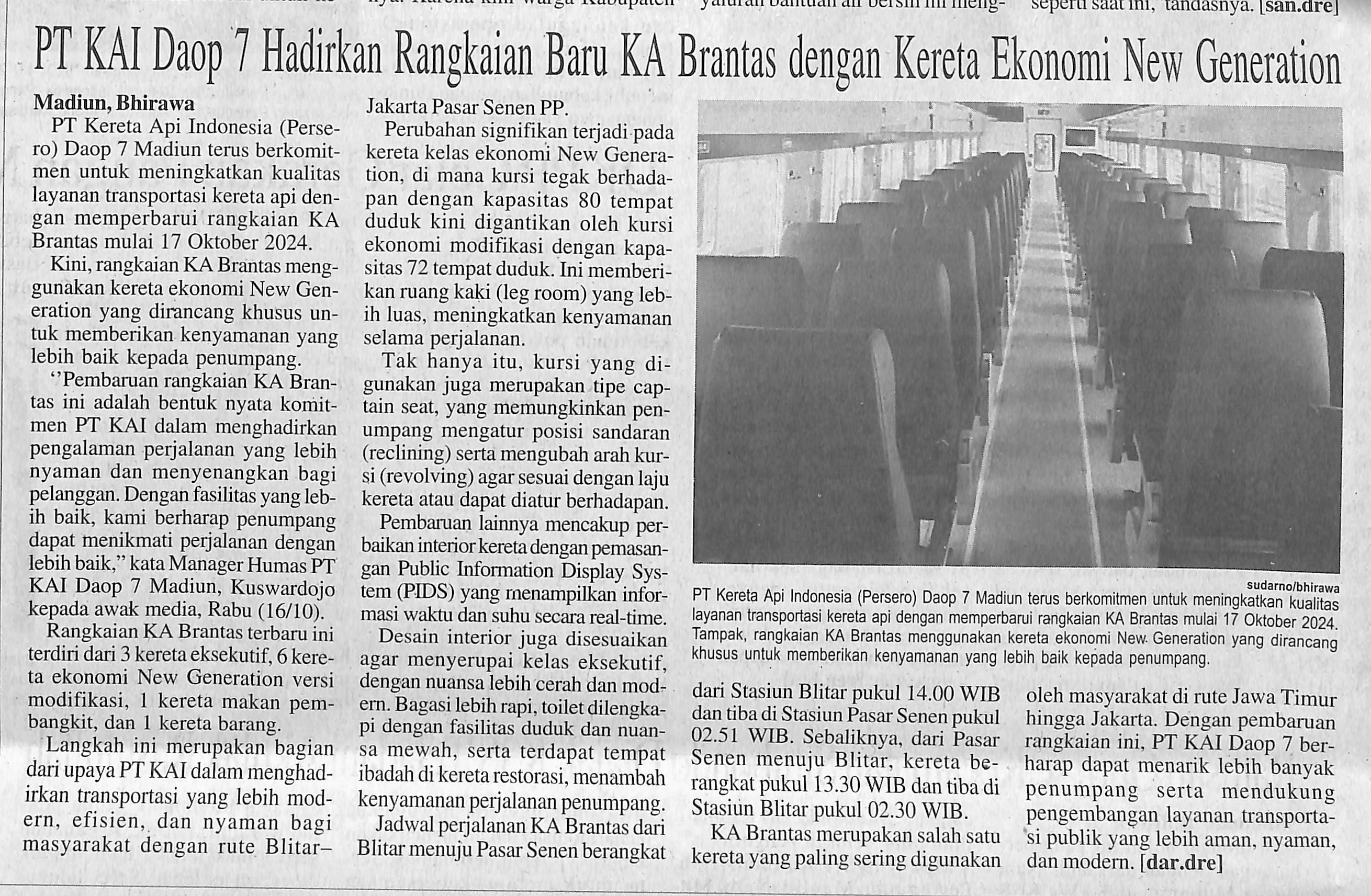 PT KAI Daop 7 Hadirkan Rangkaian Baru KA Brantas dengan Kereta Ekonomi New Generation