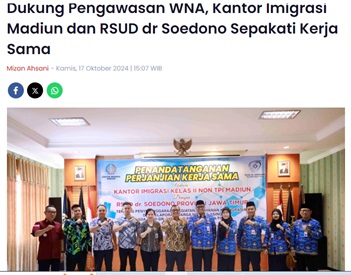 Dukung Pengawasan WNA, Kantor Imigrasi Madiun dan RSUD dr Soedono Sepakati Kerja Sama
