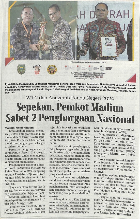 Sepekan, Pemkot Madiun Sabet 2 Penghargaan Nasional