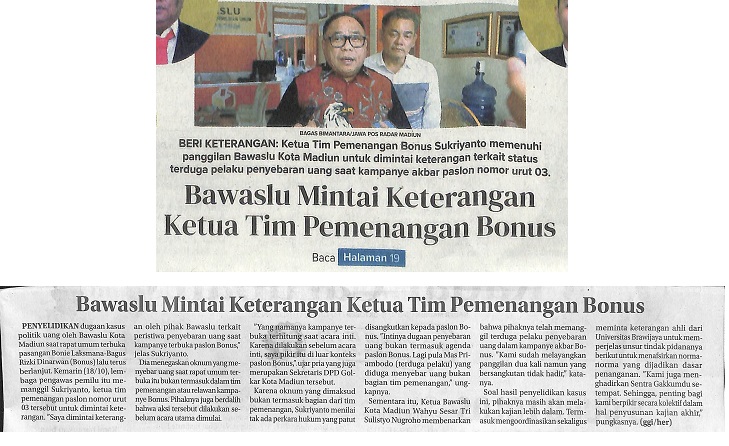 Bawaslu Mintai Keterangan Ketua Tim Pemenangan Bonus