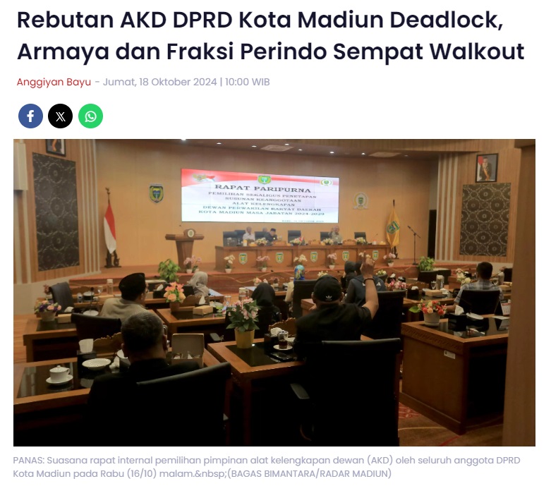 Rebutan AKD DPRD Kota Madiun Deadlock, Armaya dan Fraksi Perindo Sempat Walkout