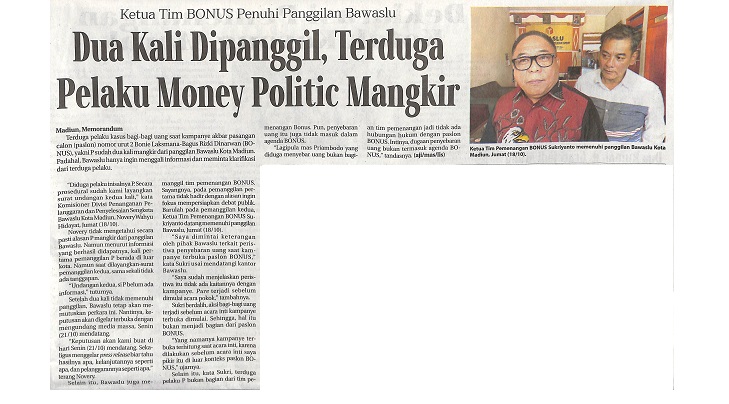Dua Kali Dipanggil, Terduga Pelaku Money Politic Mangkir