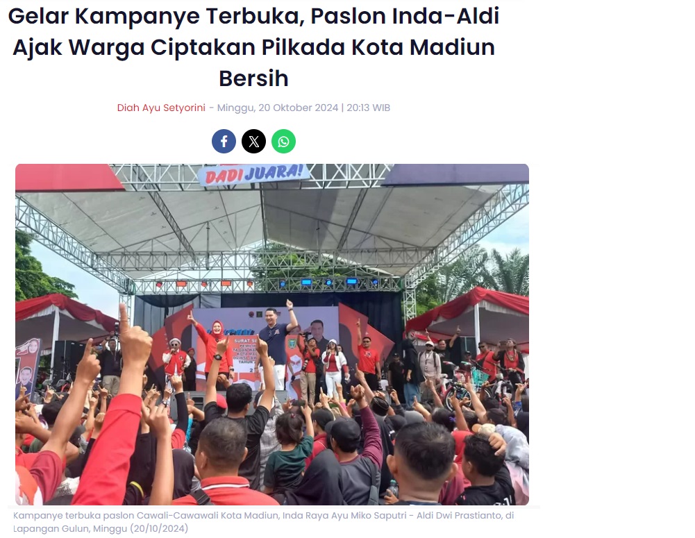 Gelar Kampanye Terbuka, Paslon Inda-Aldi Ajak Warga Ciptakan Pilkada Kota Madiun Bersih