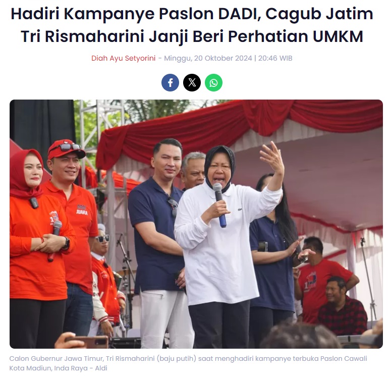 Hadiri Kampanye Paslon DADI, Cagub Jatim Tri Rismaharini Janji Beri Perhatian UMKM
