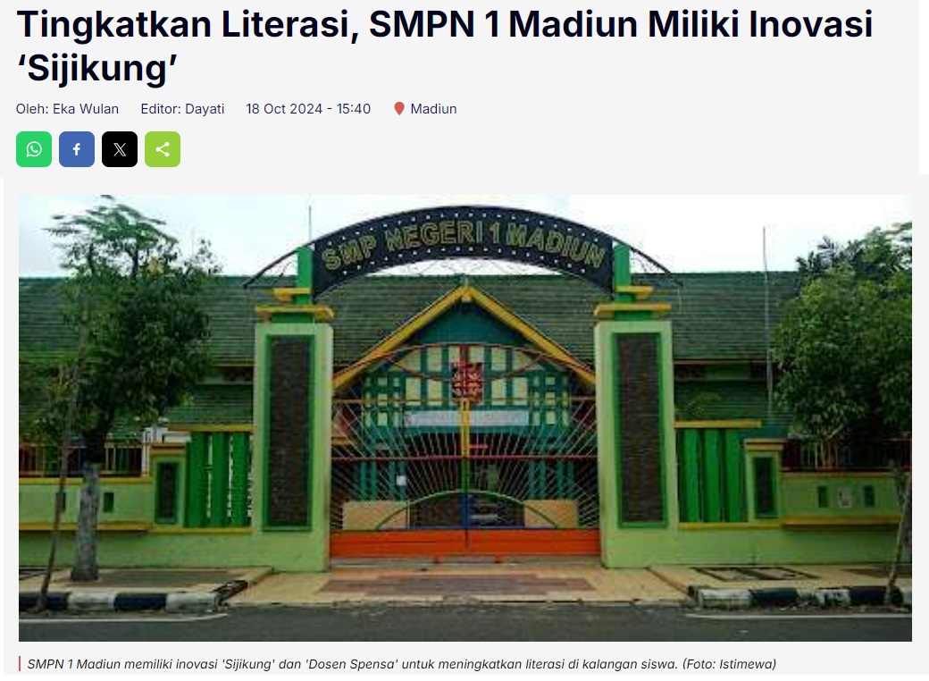 Tingkatkan Literasi, SMPN 1 Madiun Miliki Inovasi ‘Sijikung’