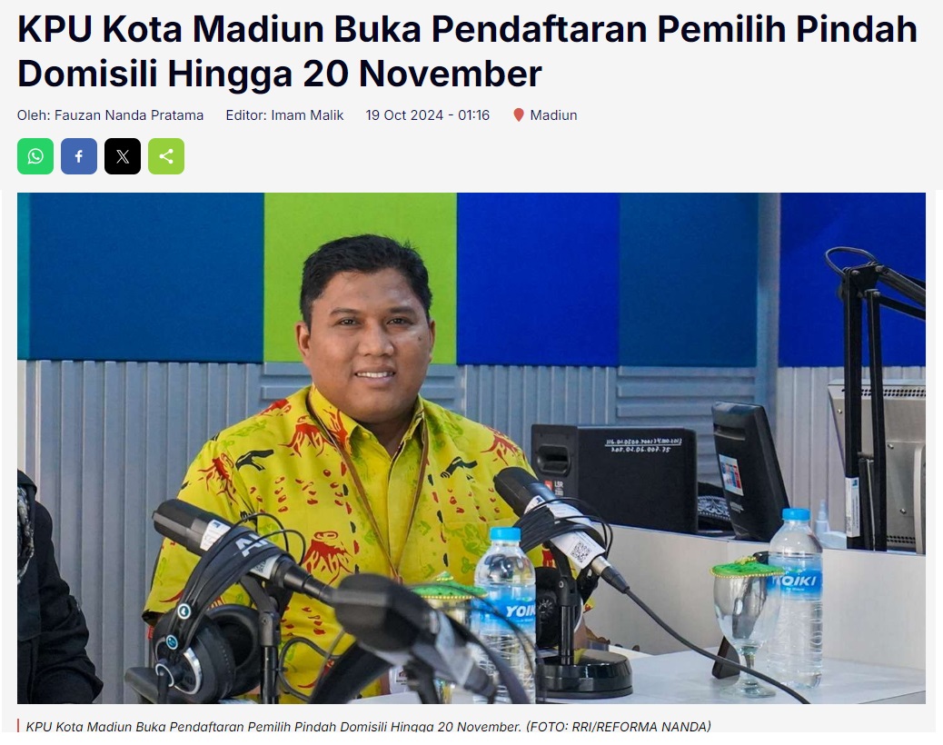 KPU Kota Madiun Buka Pendaftaran Pemilih Pindah Domisili Hingga 20 November