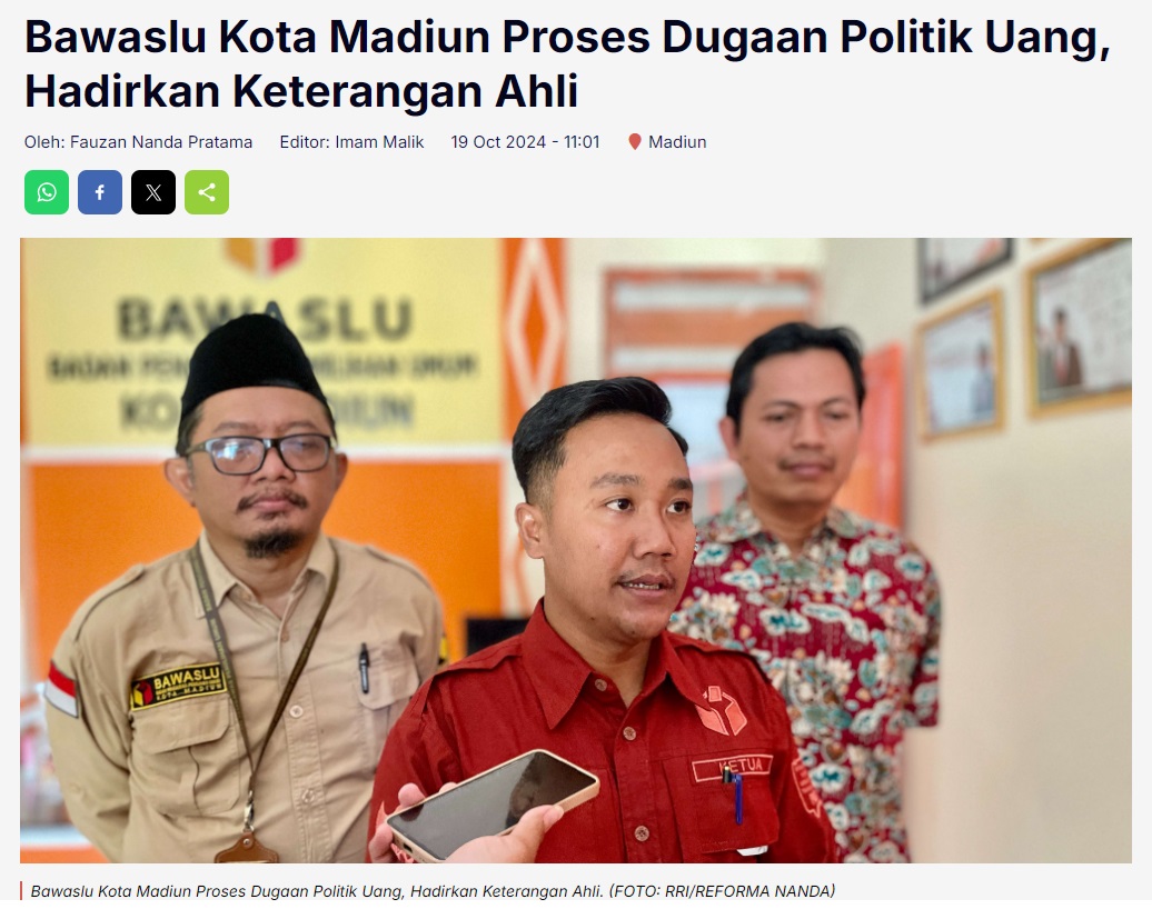 Bawaslu Kota Madiun Proses Dugaan Politik Uang, Hadirkan Keterangan Ahli