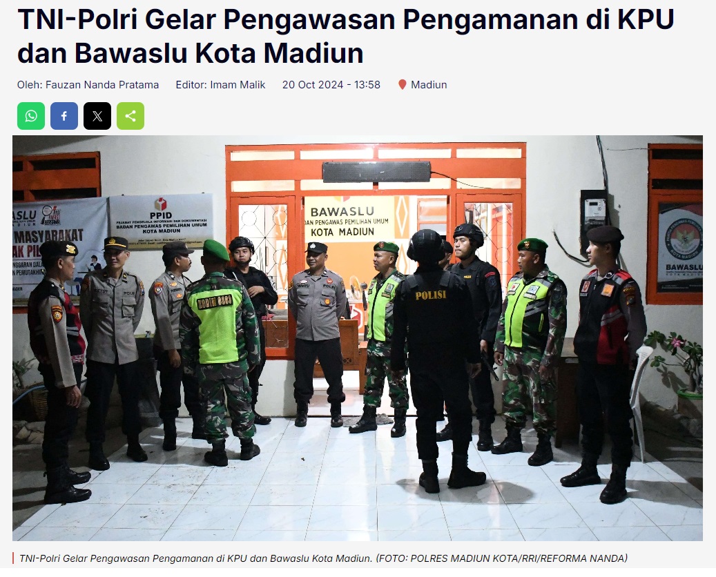 TNI-Polri Gelar Pengawasan Pengamanan di KPU dan Bawaslu Kota Madiun