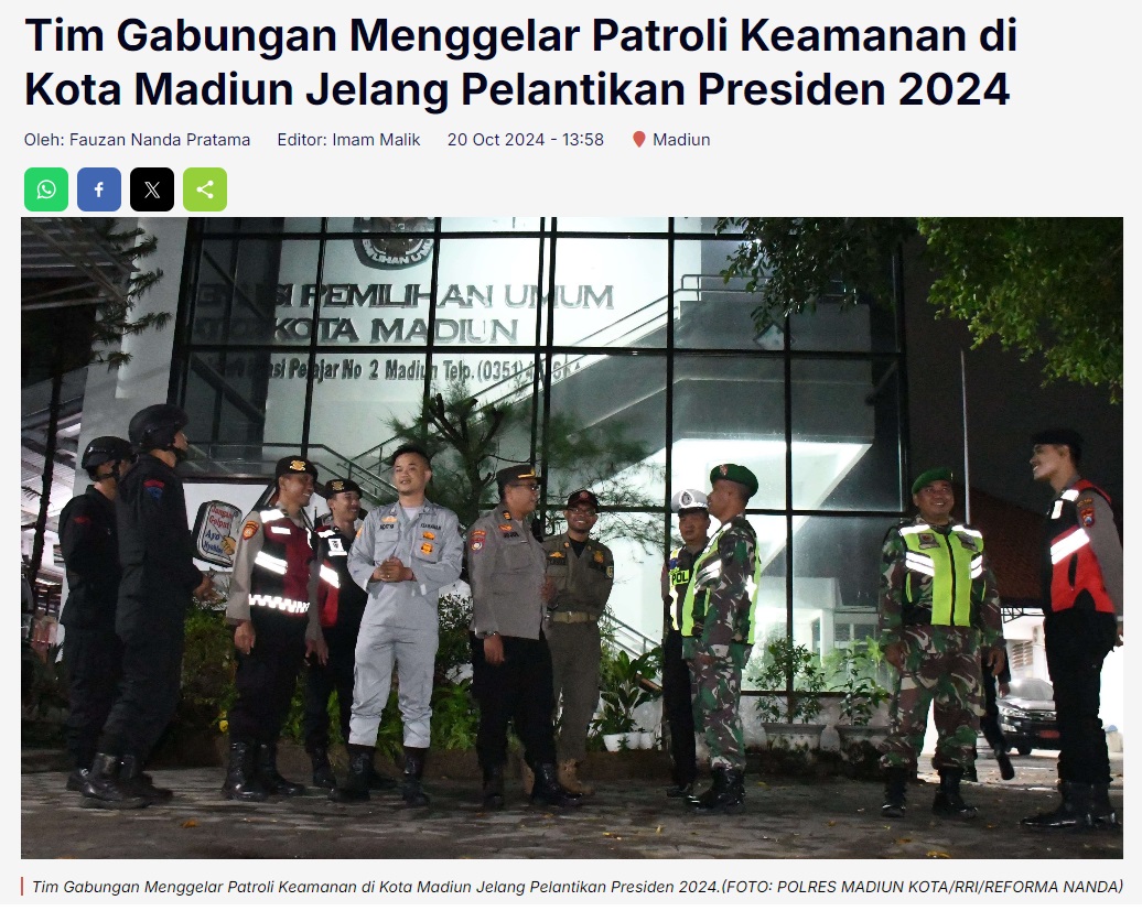 Tim Gabungan Menggelar Patroli Keamanan di Kota Madiun Jelang Pelantikan Presiden 2024