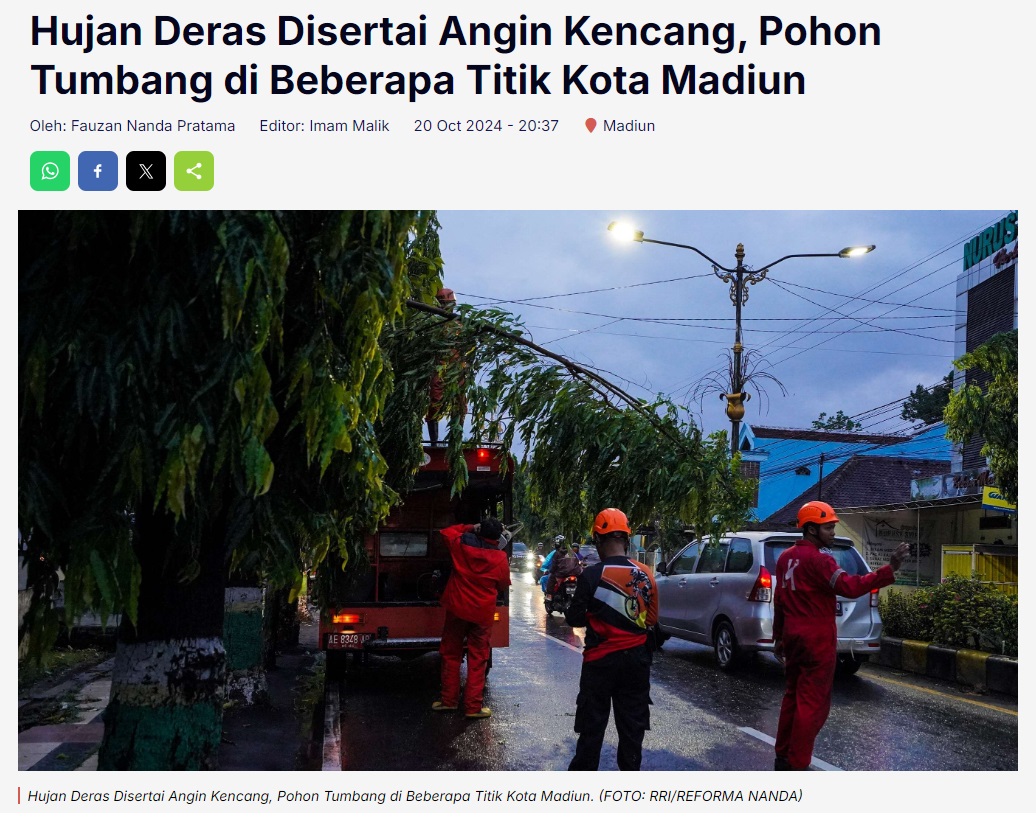 Hujan Deras Disertai Angin Kencang, Pohon Tumbang di Beberapa Titik Kota Madiun