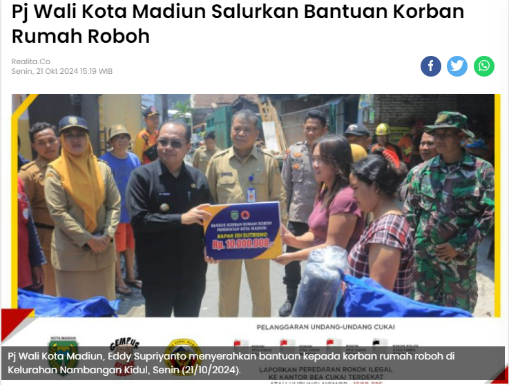 Pj Wali Kota Madiun Salurkan Bantuan Korban Rumah Roboh