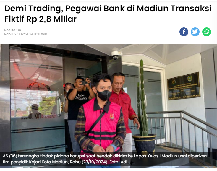 Demi Trading, Pegawai Bank di Madiun Transaksi Fiktif Rp 2,8 Miliar