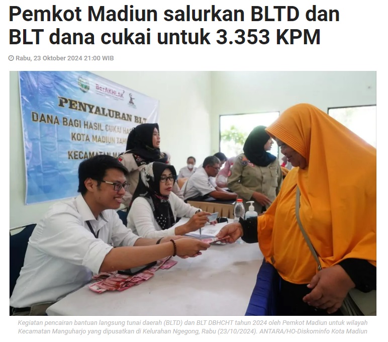 Pemkot Madiun salurkan BLTD dan BLT dana cukai untuk 3.353 KPM