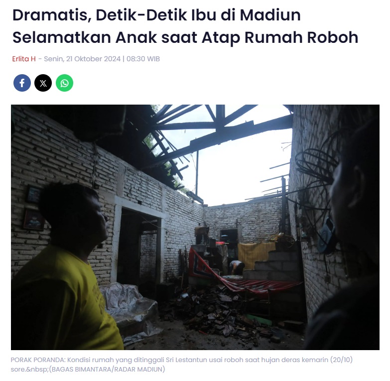 Dramatis, Detik-Detik Ibu di Madiun Selamatkan Anak saat Atap Rumah Roboh