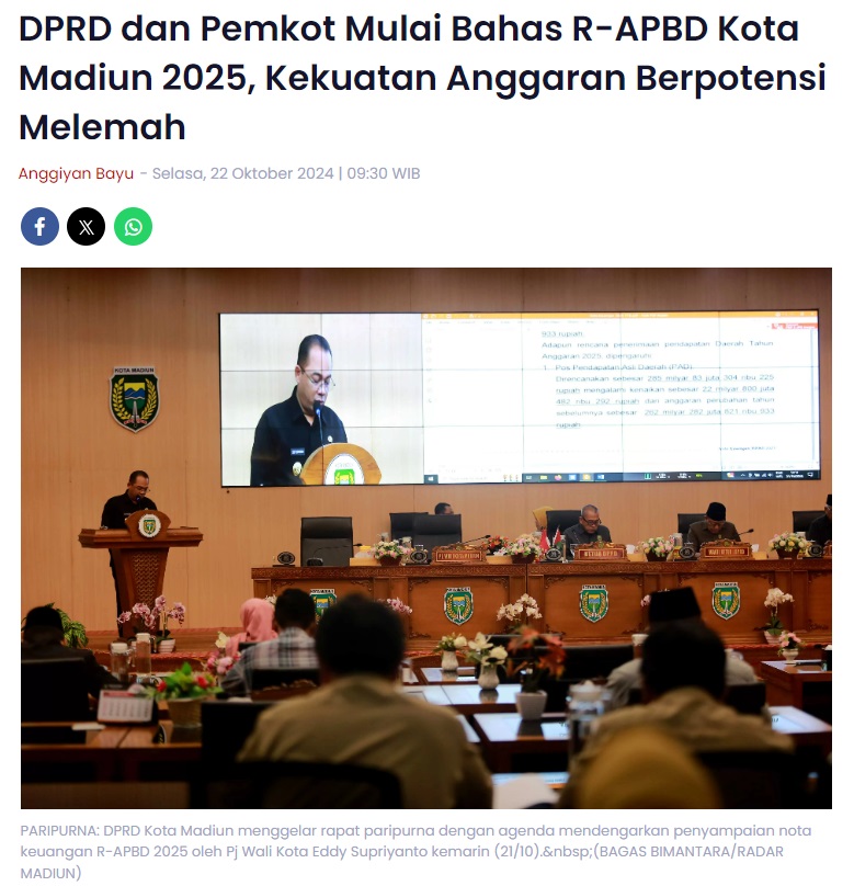 DPRD dan Pemkot Mulai Bahas R-APBD Kota Madiun 2025, Kekuatan Anggaran Berpotensi Melemah
