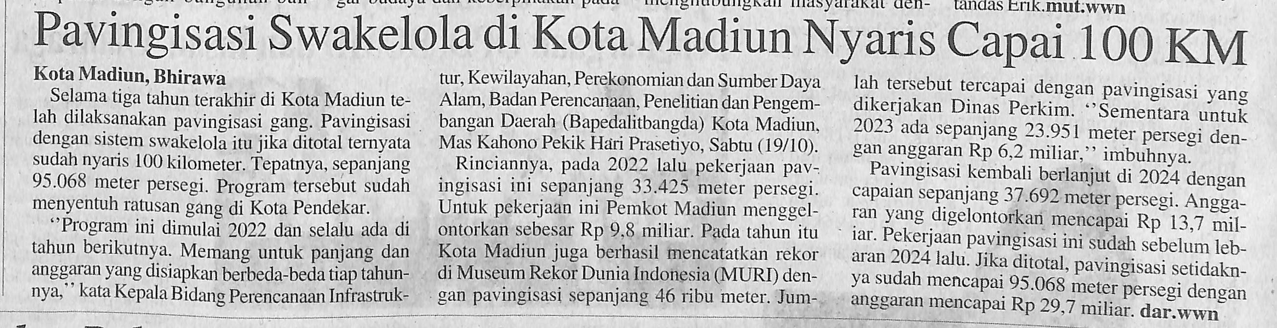 Pavingisasi Swakelola di Kota Madiun Nyaris Capai 100 KM