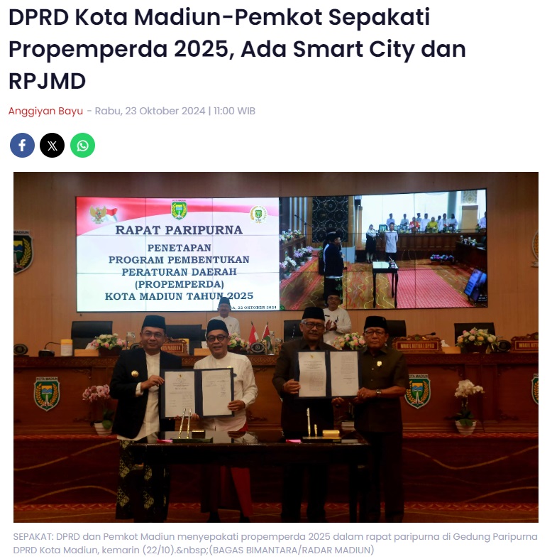 DPRD Kota Madiun-Pemkot Sepakati Propemperda 2025, Ada Smart City dan RPJMD