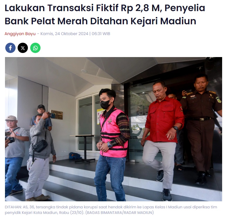 Lakukan Transaksi Fiktif Rp 2,8 M, Penyelia Bank Pelat Merah Ditahan Kejari Madiun