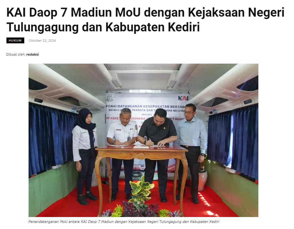 KAI Daop 7 Madiun MoU dengan Kejaksaan Negeri Tulungagung dan Kabupaten Kediri