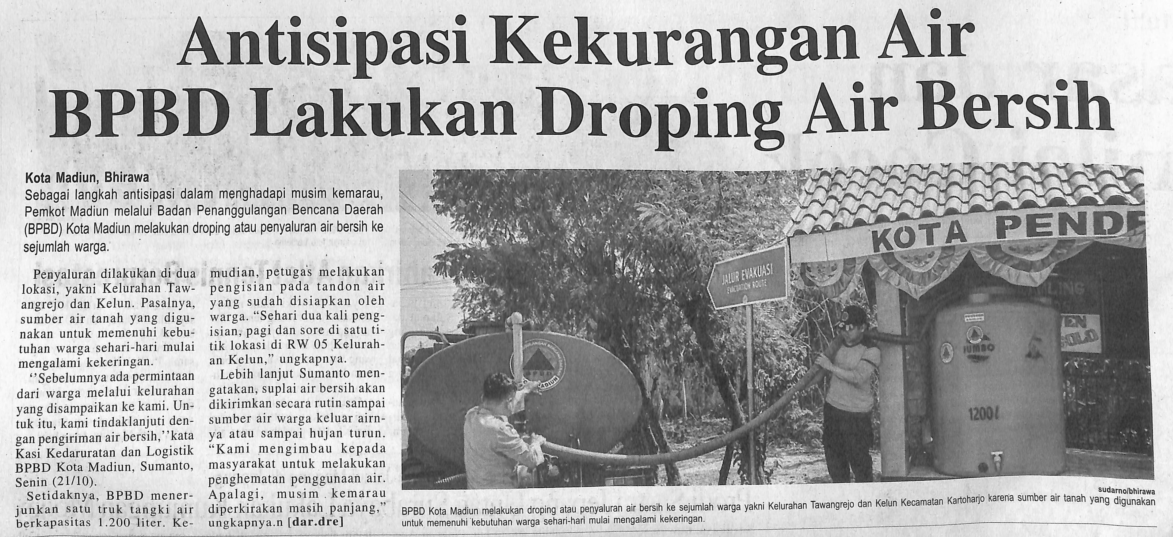 Antisipasi Kekurangan Air BPBD Lakukan Droping Air Bersih