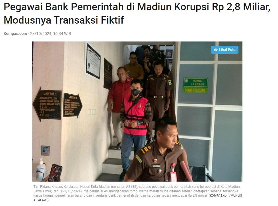 Pegawai Bank Pemerintah di Madiun Korupsi Rp 2,8 Miliar, Modusnya Transaksi Fiktif